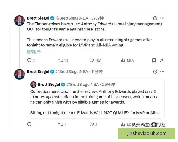 爱德华兹因膝伤缺阵活塞 生涯巅峰赛季遗憾无缘各大奖项